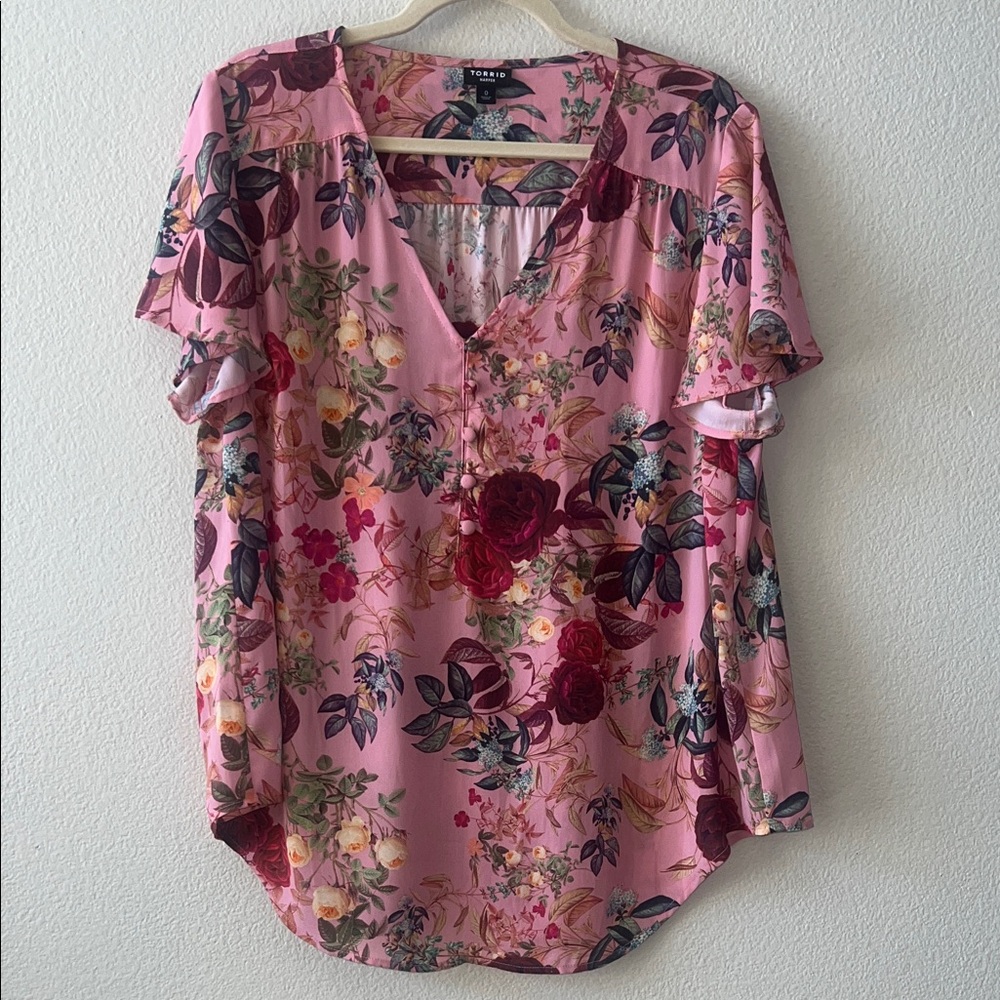 Torrid Pink Floral V-Neck Peasant Top